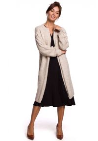 Polskie swetry - Długi sweter z wełną splot w warkocz beżowa miękka przędza. Kolor: beżowy. Materiał: wełna. Długość: długie. Wzór: ze splotem #3