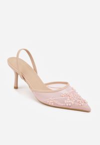 Renee - Różowe Szpilki VICES Slingback z Noskami w Szpic Ozdobionymi Haftem i Koralikami Laraidina. Zapięcie: pasek. Kolor: różowy. Materiał: satyna. Wzór: haft, aplikacja. Obcas: na szpilce #5