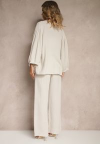 Renee - Beżowy Bawełniany Komplet Muślinowy Oversize z Koszulą i Szerokimi Spodniami Ziorina. Kolor: beżowy. Materiał: bawełna. Wzór: aplikacja