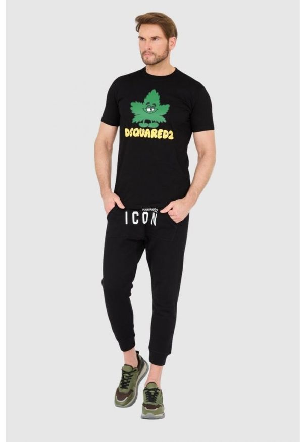 DSQUARED2 Czarny męski t-shirt z logo i zielonym liściem, Rozmiar XL. Kolor: czarny