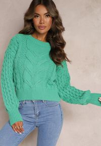 Renee - Zielony Wełniany Sweter w Warkoczykowy Splot Kestina. Kolor: zielony. Materiał: wełna. Wzór: ze splotem. Styl: klasyczny #4