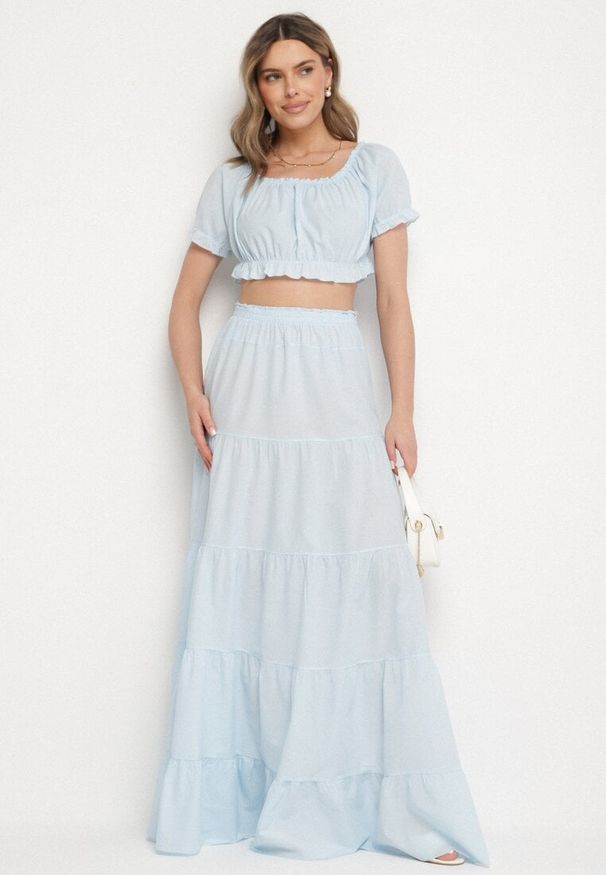 Born2be - Jasnoniebieski 2-częściowy Komplet z Wiskozy z Hiszpańskim Topem i Spódnicą Kinzley. Kolor: niebieski. Materiał: wiskoza. Wzór: aplikacja
