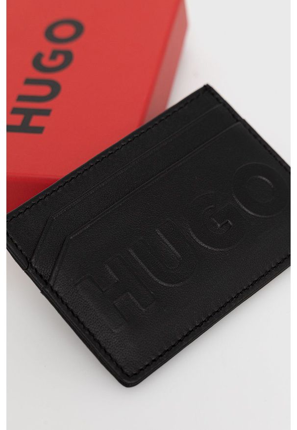 Hugo - HUGO etui na karty skórzane męski kolor czarny. Kolor: czarny. Materiał: skóra. Wzór: gładki