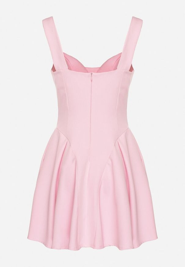 Born2be - Różowa Rozkloszowana Sukienka z Gorsetową Górą i Dekoltem w Serce Frolami. Okazja: na co dzień. Typ kołnierza: dekolt gorset. Kolor: różowy. Typ sukienki: gorsetowe. Styl: casual