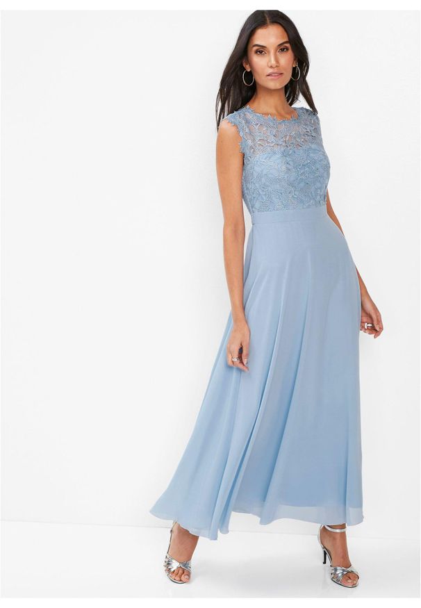 bonprix - Długa sukienka z koronką. Kolor: niebieski. Materiał: koronka. Wzór: koronka. Styl: elegancki, wizytowy. Długość: maxi