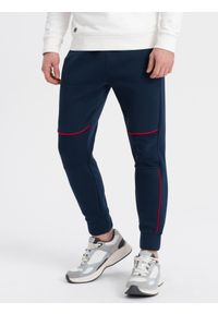 Ombre Clothing - Spodnie męskie dresowe z kontrastowymi przeszyciami - granatowe V4 - Rozmiar: L. Kolor: niebieski. Materiał: dresówka