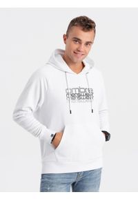 Ombre Clothing - Męska bluza nierozpinana z kapturem i nadrukiem - biała V1. Typ kołnierza: kaptur. Kolor: biały. Materiał: poliester, bawełna. Wzór: nadruk