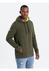 Ombre Clothing - Bluza męska z kapturem z kieszenią na zamek - oliwkowa V2. Typ kołnierza: kaptur. Kolor: oliwkowy. Materiał: materiał, poliester, bawełna