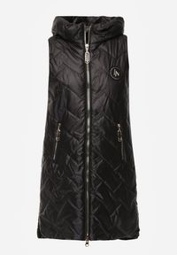 Renee - Czarna Długa Pikowana Kamizelka z Kapturem i Ozdobną Naszywką Mentape. Typ kołnierza: kaptur. Kolor: czarny. Długość: długie. Wzór: aplikacja. Styl: sportowy #2