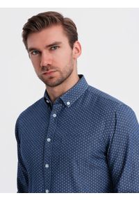 Ombre Clothing - Wzorzysta męska koszula z cienkiego jeansu z kieszonką – niebieska V2 - Rozmiar: XL. Okazja: na co dzień. Kolor: niebieski. Materiał: jeans. Wzór: gładki. Styl: klasyczny, casual