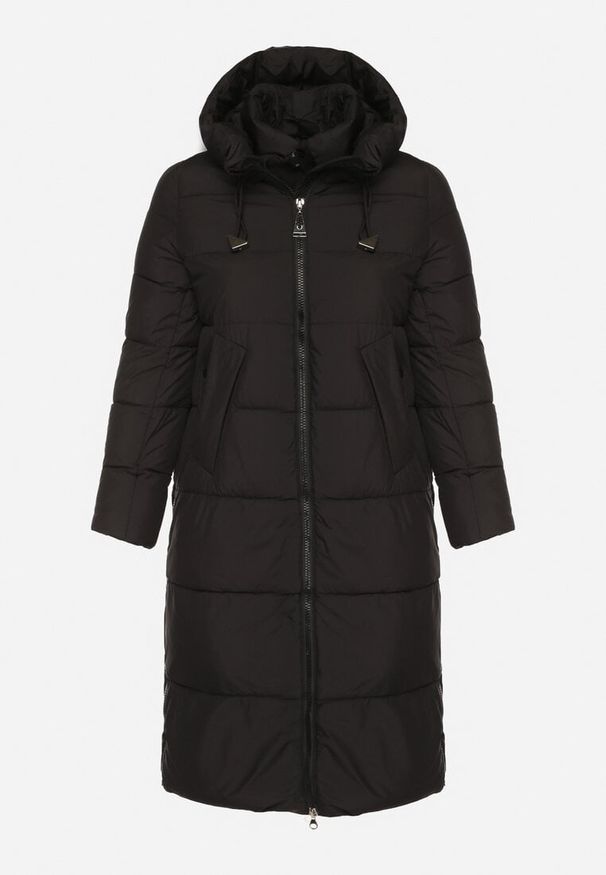 Born2be - Czarna Długa Kurtka Pikowana z Kapturem i Bocznymi Suwakami Mevoressa. Okazja: na co dzień, na spacer. Typ kołnierza: kaptur. Kolekcja: plus size. Kolor: czarny. Materiał: poliester, dzianina, jeans. Długość: długie. Styl: casual