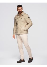 Ombre Clothing - Pikowana kurtka męska w koszulowym fasonie – beżowa V1 - Rozmiar: L. Okazja: na co dzień. Kolor: beżowy. Materiał: poliester, materiał. Wzór: aplikacja. Styl: casual, elegancki #6