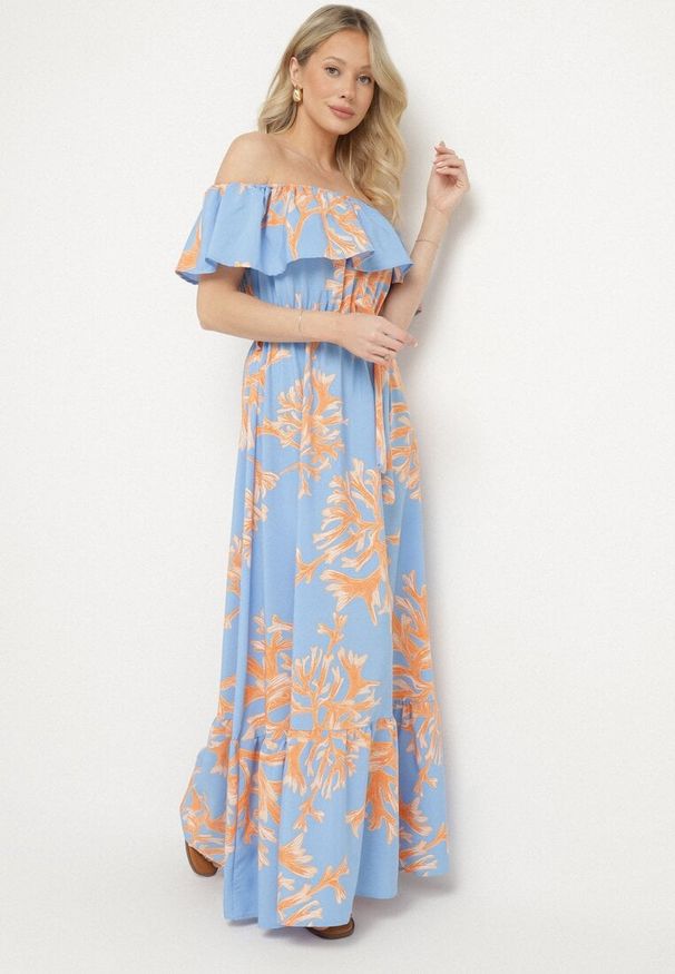 Born2be - Niebieska Sukienka Hiszpanka o Rozkloszowanym Kroju z Wiązanym Paskiem Sesiniela. Okazja: na co dzień. Typ kołnierza: dekolt hiszpanka. Kolor: niebieski. Typ sukienki: rozkloszowane. Styl: casual, elegancki