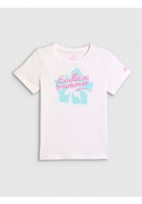 4f - 4F T-shirt regular z nadrukiem dziewczęcy - biały 164 (13-14 lat). Okazja: na co dzień. Kolor: biały. Materiał: bawełna, dzianina. Wzór: nadruk. Sezon: lato. Styl: casual #1