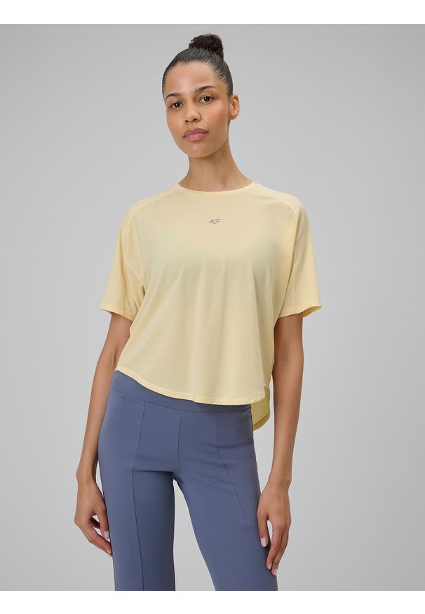 4f - 4F Koszulka do jogi regular szybkoschnąca damska - żółta XL. Kolor: żółty. Materiał: dzianina, skóra, materiał. Wzór: gładki. Sport: joga i pilates