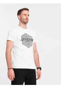 Ombre Clothing - T-shirt męski bawełniany z nadrukiem geometrycznym i logotypem - biały V1 OM-TSPT-0141 - XXL. Kolor: biały. Materiał: bawełna. Wzór: geometria, nadruk