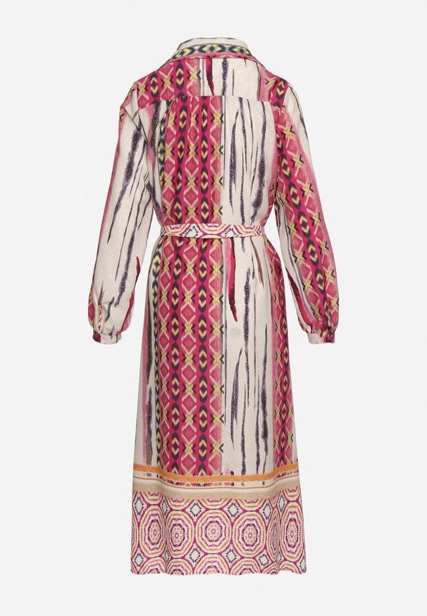 Born2be - Fuksjowo-Beżowa Sukienka Koszulowa z Mozaikowym Wzorem i Wiązanym Paskiem Lilimea. Okazja: na co dzień. Kolor: różowy. Materiał: jeans, tkanina. Typ sukienki: koszulowe. Styl: klasyczny, casual, elegancki