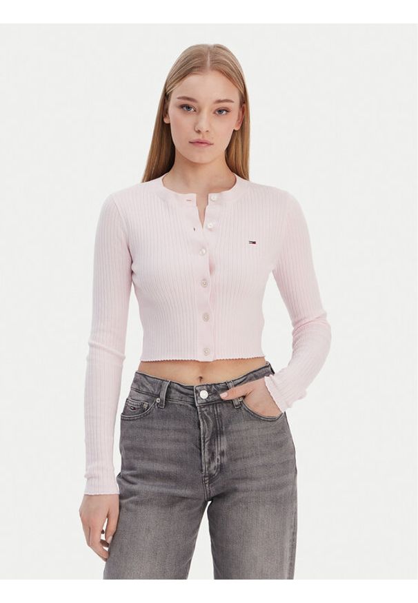 Tommy Jeans Kardigan DW0DW22023 Różowy Slim Fit. Kolor: różowy. Materiał: bawełna