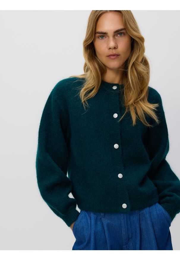 Reserved - Kardigan z wełną i moherem - zielony. Kolor: zielony. Materiał: wełna, moher