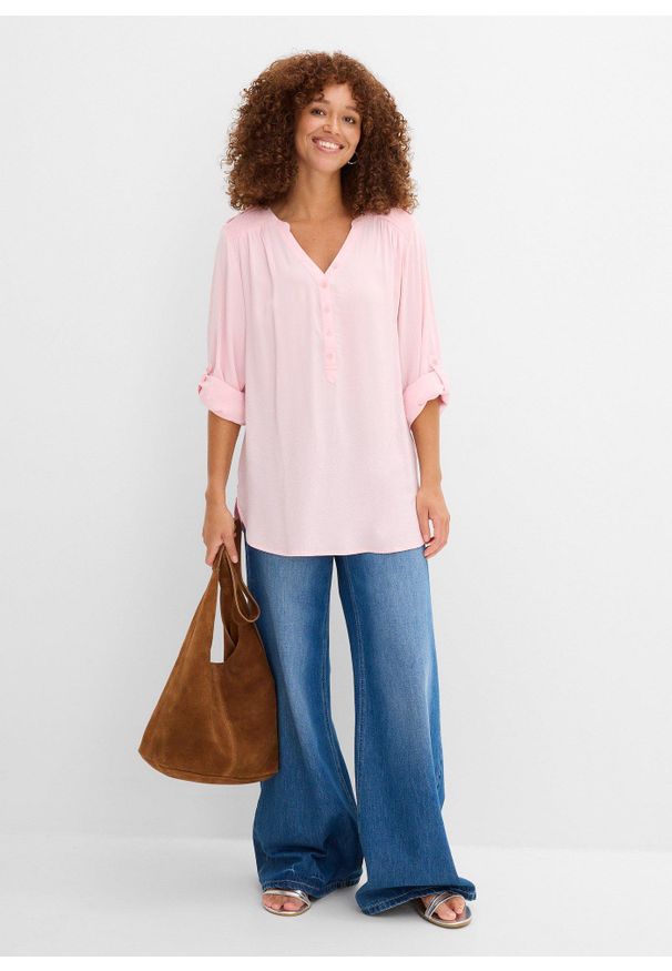 bonprix - Bluzka tunikowa z miękkiej wiskozy. Kolor: różowy. Materiał: wiskoza. Długość rękawa: długi rękaw. Długość: długie