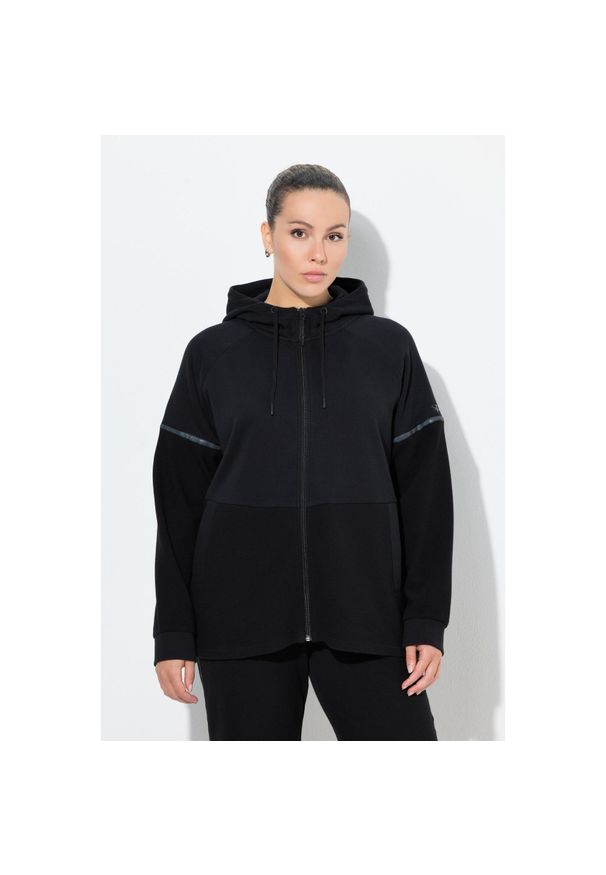 ULLA POPKEN - Damskie Bluza odblaskowe paski kaptur w połowie z eleganckiego weluru ottoman. Kolekcja: plus size. Kolor: czarny. Materiał: poliester, materiał, bawełna. Wzór: paski