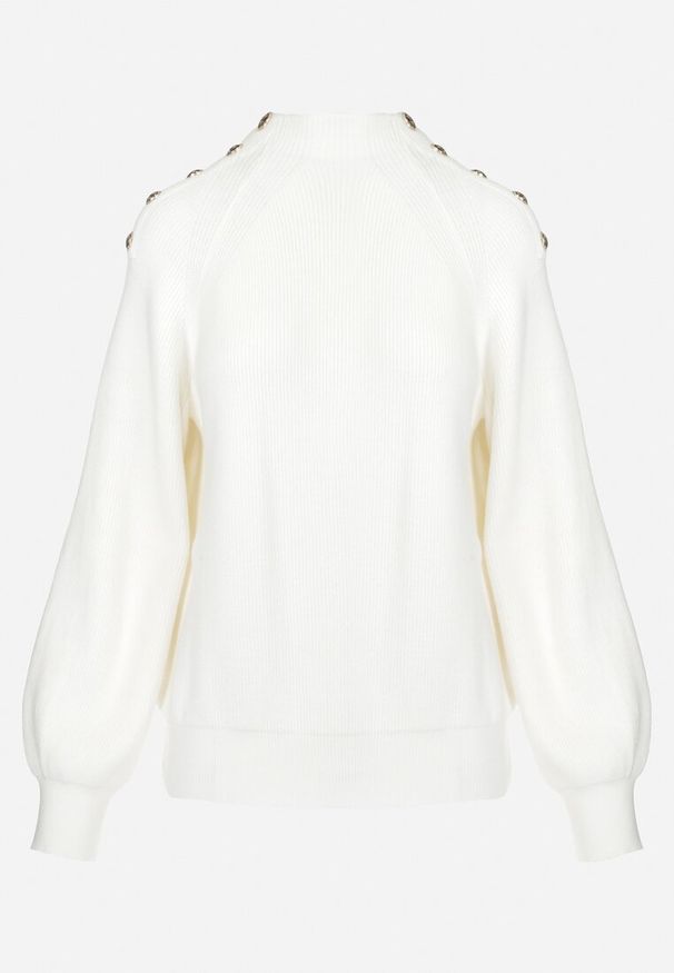 Born2be - Biały Sweter Dzianinowy z Długim Rękawem i Guzikami Omes. Kolor: biały. Materiał: dzianina. Długość rękawa: długi rękaw. Długość: długie