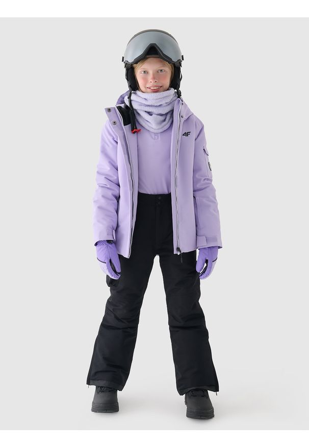 4f - 4F Kurtka snowboardowa membrana 8000 dziewczęca - fioletowa 128 (7-8 lat). Okazja: na co dzień. Typ kołnierza: kaptur. Kolor: fioletowy. Materiał: dzianina, poliester, materiał, tkanina. Sezon: lato, zima. Styl: klasyczny, sportowy, casual