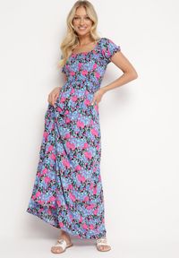 Born2be - Fioletowo-Niebieska Rozkloszowana Sukienka Typu Hiszpanka z Marszczoną Górą Jesteria. Typ kołnierza: dekolt hiszpanka. Kolor: fioletowy. Długość rękawa: krótki rękaw. Styl: wakacyjny, elegancki #4