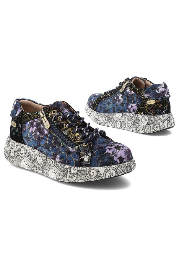 Granatowe Sneakersy Laura Vita Modne Obuwie Damskie. Okazja: na co dzień. Zapięcie: sznurówki. Kolor: niebieski. Materiał: jeans. Wzór: nadruk, aplikacja, kwiaty. Styl: casual, klasyczny, boho
