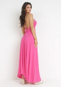 Born2be - Fuksjowa Rozkloszowana Sukienka Maxi z Wiązaniem na Szyi Cathenia. Kolor: różowy. Długość: maxi #5