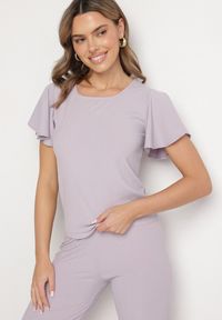 Born2be - Jasnofioletowa Bluzka Ozdobiona Szerokimi Rękawami Sunlisa. Okazja: na co dzień. Kolor: fioletowy. Materiał: jeans. Wzór: aplikacja. Styl: klasyczny, casual #2