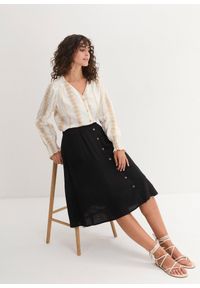 bonprix - Spódnica lniana midi z plisą guzikową. Kolor: czarny. Materiał: len