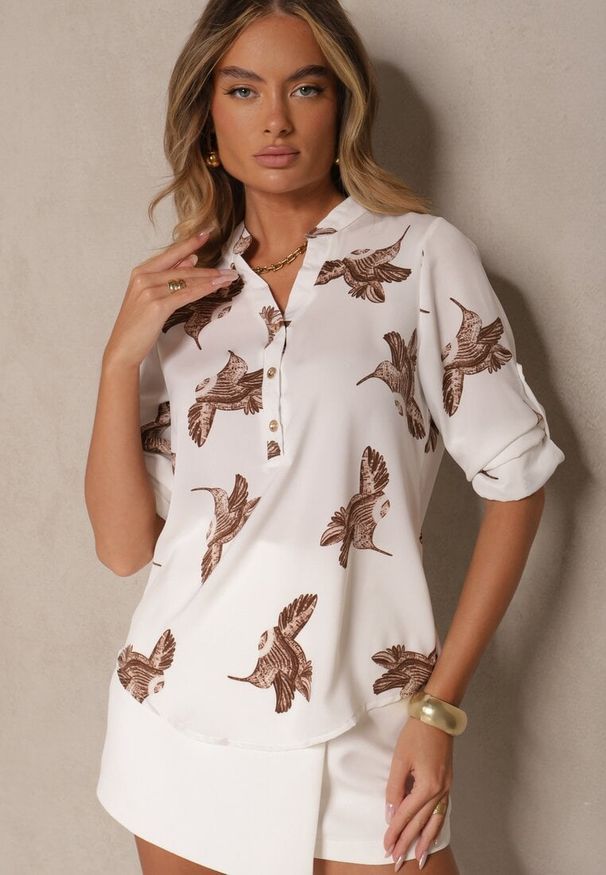 Renee - Biała Koszula z Bawełną ze Wzorem Ptaków Lumevire. Okazja: na co dzień. Kolor: biały. Materiał: bawełna. Wzór: aplikacja. Styl: elegancki, casual