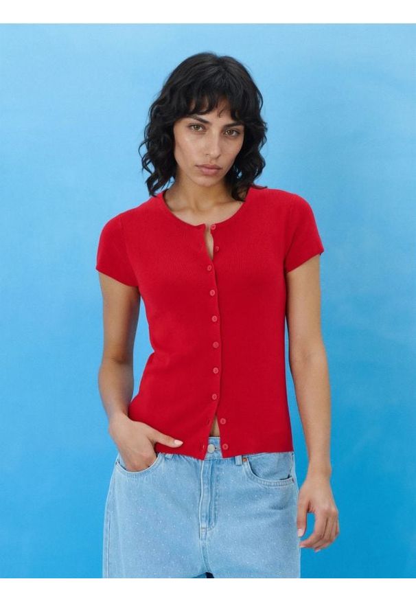 Sinsay - Wiskozowy sweter z krótkim rękawem - czerwony. Kolor: czerwony. Materiał: wiskoza. Długość rękawa: krótki rękaw. Długość: krótkie