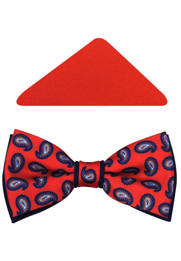 Modini - Czerwono-granatowa muszka męska w granatowy paisley A148. Kolor: wielokolorowy, czerwony, niebieski. Materiał: poliester, tkanina. Wzór: paisley. Styl: elegancki