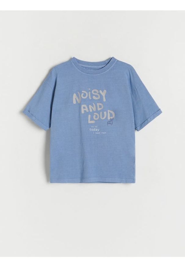 Reserved - T-shirt oversize z nadrukiem - niebieski. Kolor: niebieski. Materiał: bawełna, dzianina. Wzór: nadruk