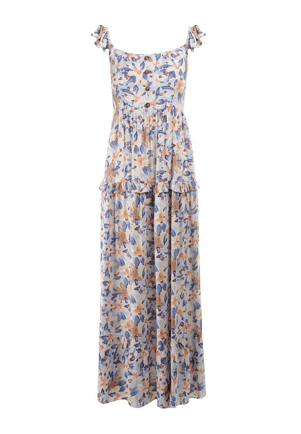 Born2be - Biało-Niebieska Sukienka Agathice. Typ kołnierza: dekolt kwadratowy. Kolor: niebieski. Materiał: wiskoza, tkanina. Długość rękawa: na ramiączkach. Wzór: kwiaty. Styl: klasyczny. Długość: maxi