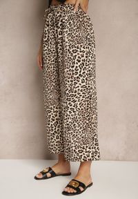 Renee - Czarno-Beżowe Spodnie Wide Leg z Gumką w Talii w Panterkowy Wzór Filanira. Okazja: na co dzień. Kolor: czarny. Styl: elegancki, casual