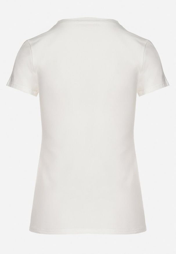 Born2be - Biały Bawełniany T-shirt z Nadrukiem z Cyrkoniami Karissen. Okazja: na co dzień. Kolor: biały. Materiał: bawełna. Wzór: nadruk. Styl: klasyczny, casual, elegancki