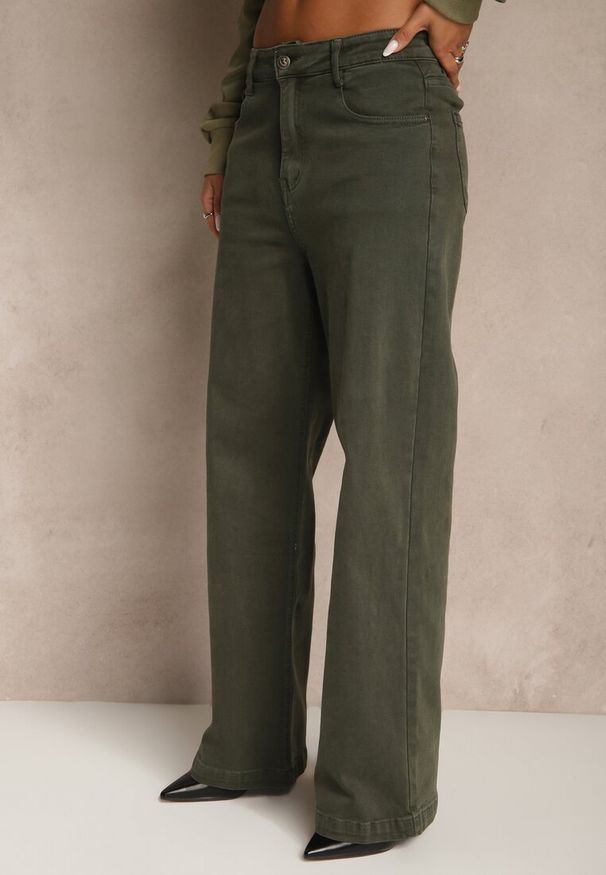 Renee - Ciemnozielone Szerokie Jeansy z Bawełny Violore. Stan: podwyższony. Kolor: beżowy
