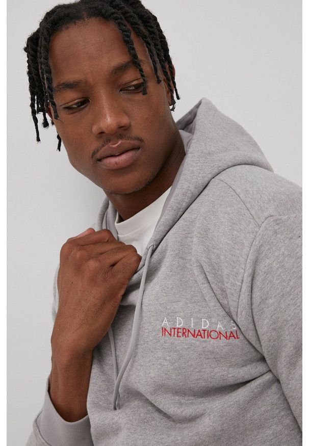 adidas Originals Bluza męska kolor szary z kapturem z aplikacją. Typ kołnierza: kaptur. Kolor: szary. Materiał: bawełna, poliester. Wzór: aplikacja