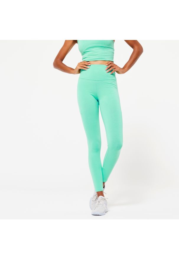 NYAMBA - Legginsy fitness damskie Domyos 520. Stan: podwyższony. Kolor: zielony. Materiał: elastan, bawełna, poliester, materiał. Sport: fitness