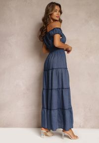 Renee - Granatowa Sukienka Hiszpanka Maxi z Falbankami Kaniah. Typ kołnierza: dekolt hiszpanka, kołnierz z falbankami. Kolor: niebieski. Długość: maxi #4