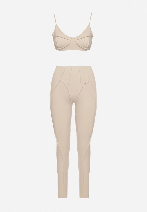 Born2be - Beżowy Komplet Sportowy z Ozdobnymi Przeszyciami Legginsy i Top na Ramiączkach Filinella. Kolor: beżowy. Materiał: skóra