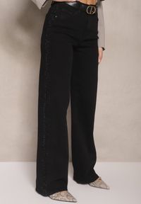 Renee - Czarne Szerokie Jeansy High Waist z Cyrkoniowym Zdobieniem Nusamira. Okazja: na co dzień. Stan: podwyższony. Kolor: czarny. Wzór: aplikacja. Styl: elegancki, casual #5