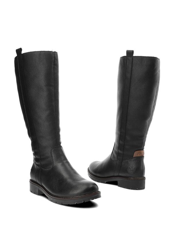 Czarne Kozaki Rieker Ocieplane Buty Damskie. Kolor: czarny. Materiał: syntetyk, skóra, futro. Szerokość cholewki: normalna. Wzór: aplikacja