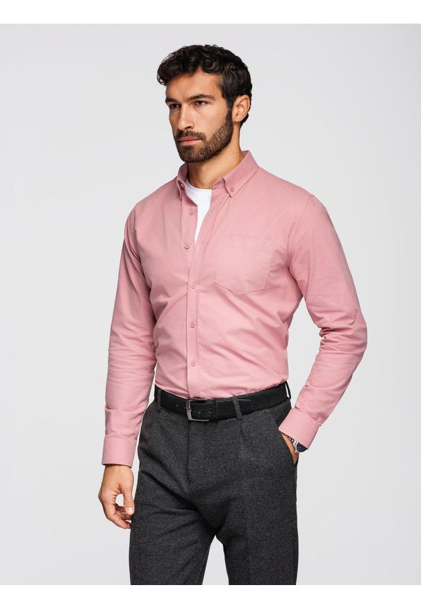 Ombre Clothing - Męska koszula bawełniana REGULAR FIT z kieszenią - różowa V3 - Rozmiar: M. Typ kołnierza: kołnierzyk klasyczny. Kolor: różowy. Materiał: bawełna. Długość rękawa: długi rękaw. Długość: długie. Styl: klasyczny
