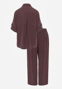 Renee - Brązowy Komplet z Wiskozy i Lnu w Delikatne Prążki Koszula i Spodnie Wide Leg Cliffesa. Kolor: brązowy. Materiał: wiskoza, len. Wzór: prążki #5
