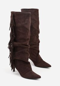 Renee - Brązowe Kozaki z Imitacji Zamszu na Szpilce z Marszczoną Cholewką z Frędzlami Linotris. Okazja: na co dzień. Kolor: brązowy. Materiał: zamsz. Szerokość cholewki: normalna. Obcas: na szpilce. Styl: casual #7