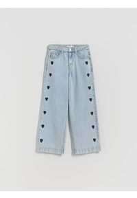 Reserved - Jeansy wide leg z haftem - niebieski. Kolor: niebieski. Wzór: haft #1